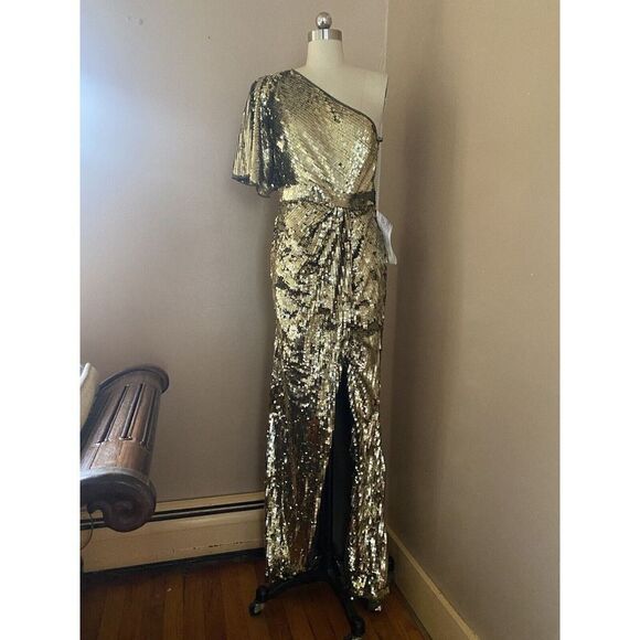 Mac Duggal Gold Sequin One Shoulder High Slit Evening Gown Dress sz 10 NWT $698 - Picture 9 of 12